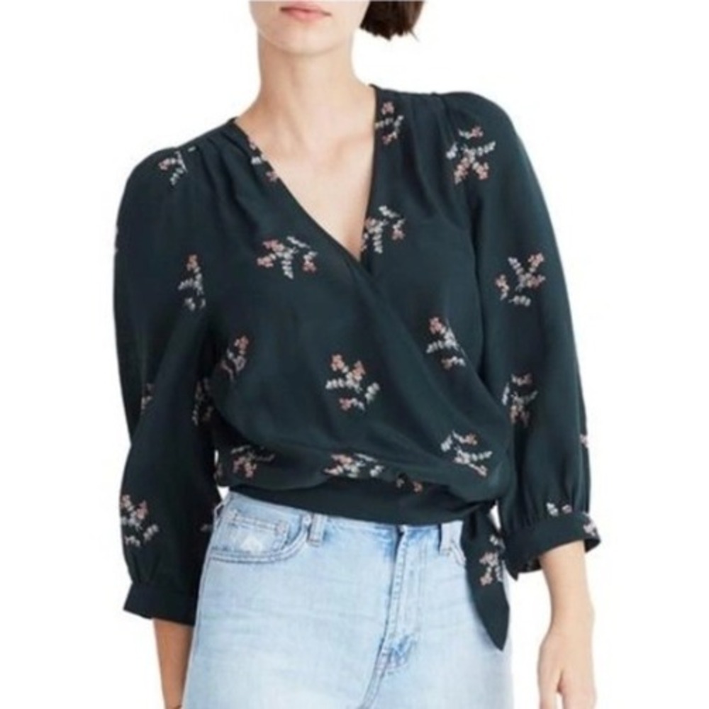 Madewell Silk Wrap Top Forest Green Floral 3/4 Sleeve Blouse Romantic Size Small